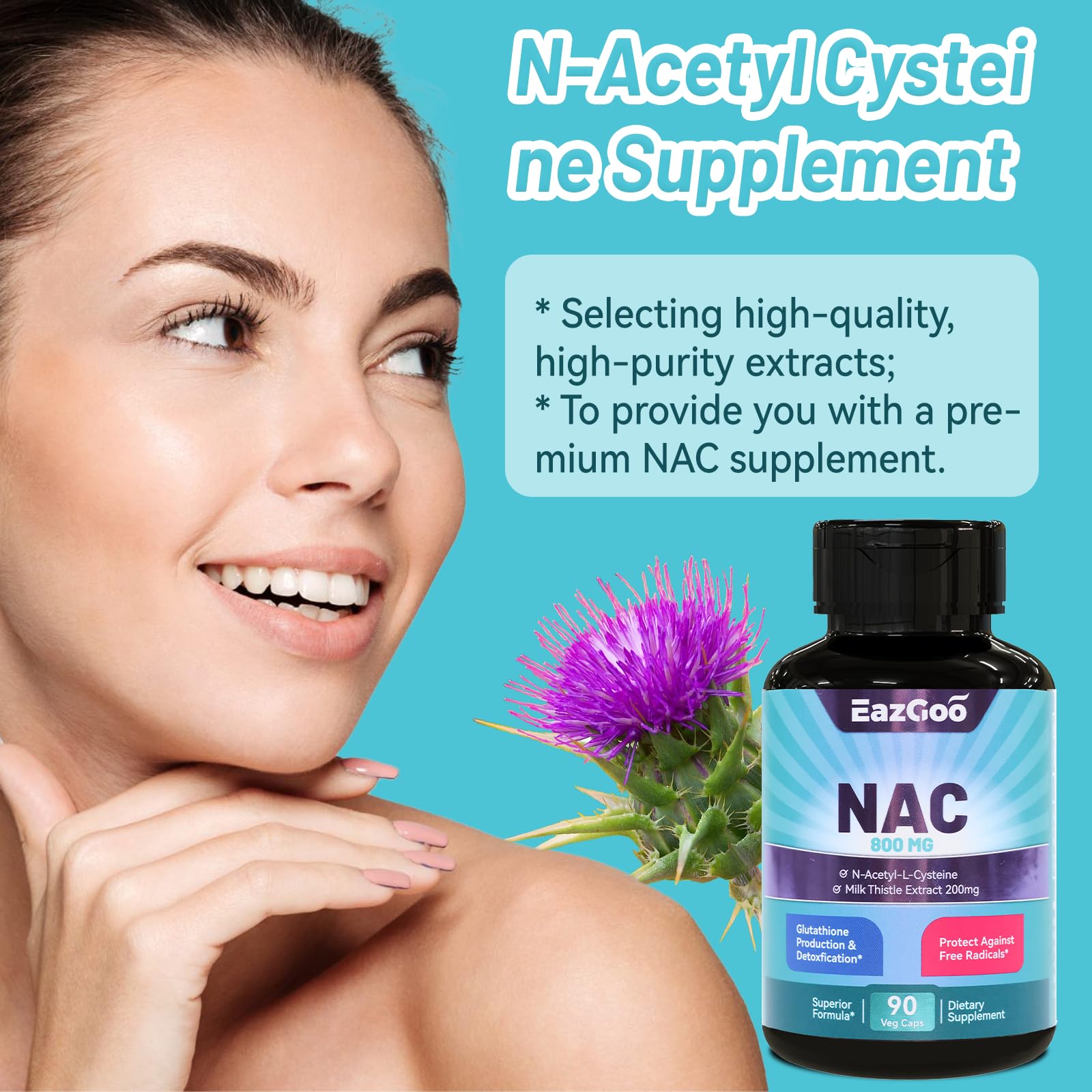 EAZGOO NAC Supplement 800mg capsules on a wooden table