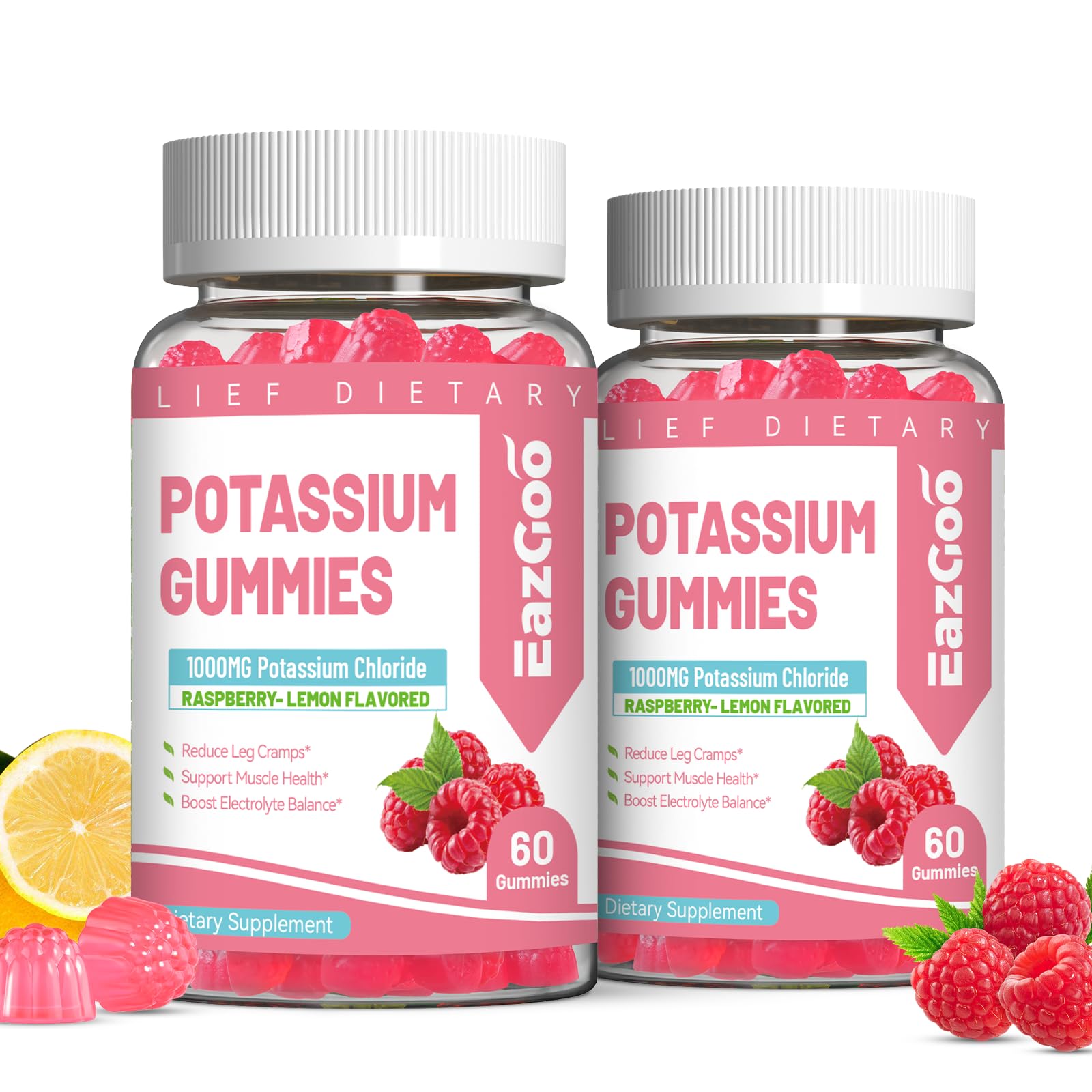 EAZGOO Potassium Gummies 1000mg front view with raspberry lemon flavour