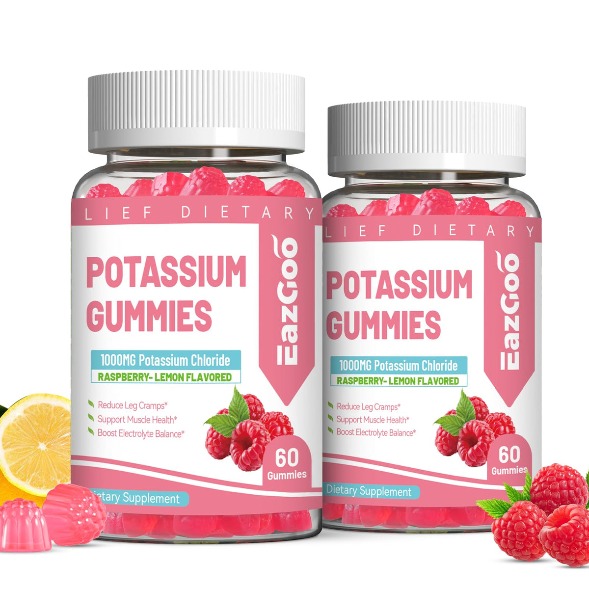 EAZGOO Potassium Gummies 1000mg front view with raspberry lemon flavour