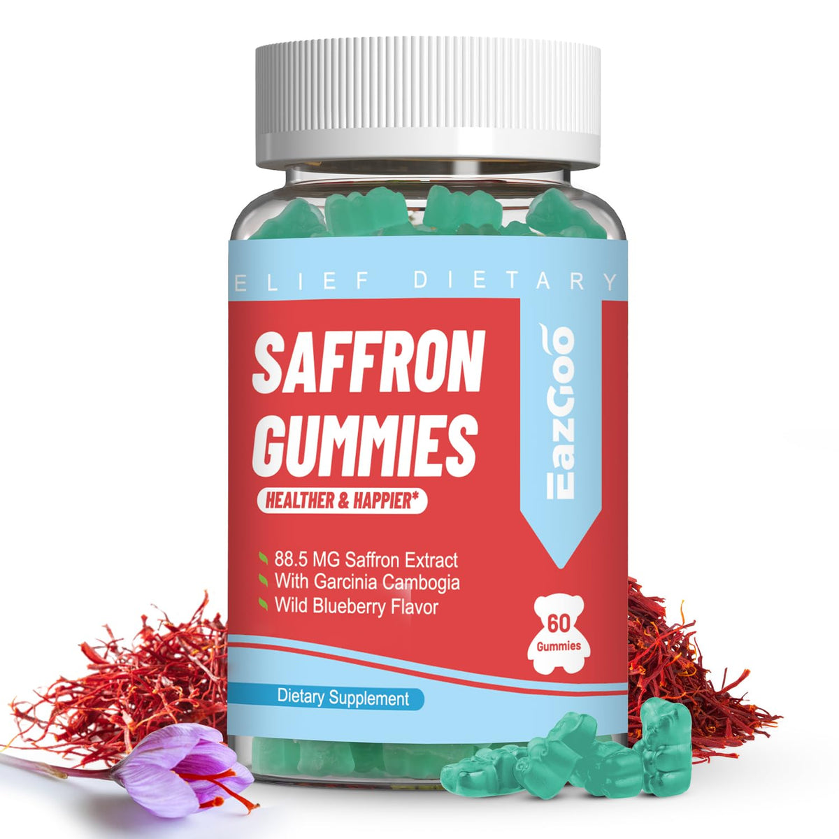 EAZGOO Saffron Gummies front view with packaging