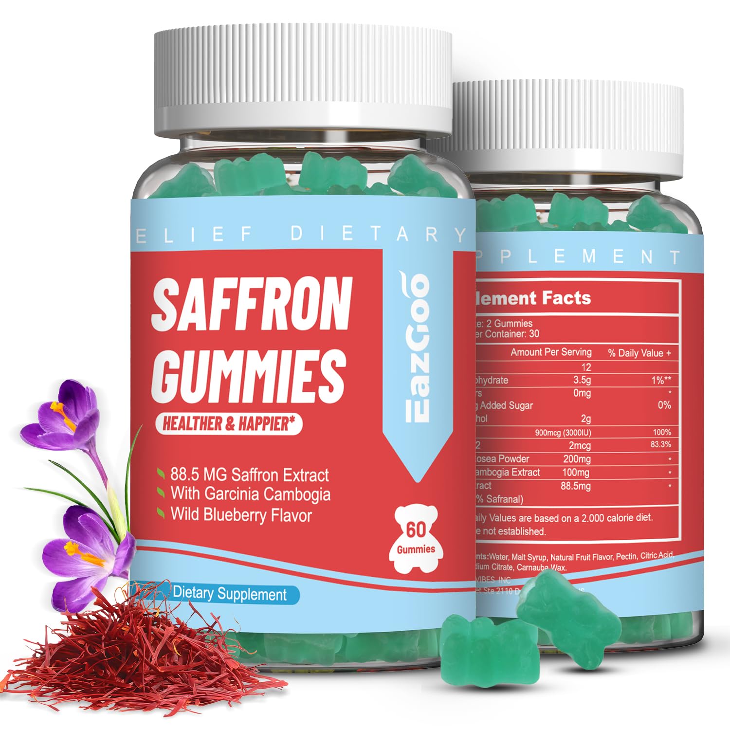 EAZGOO Saffron Gummies front view with packaging