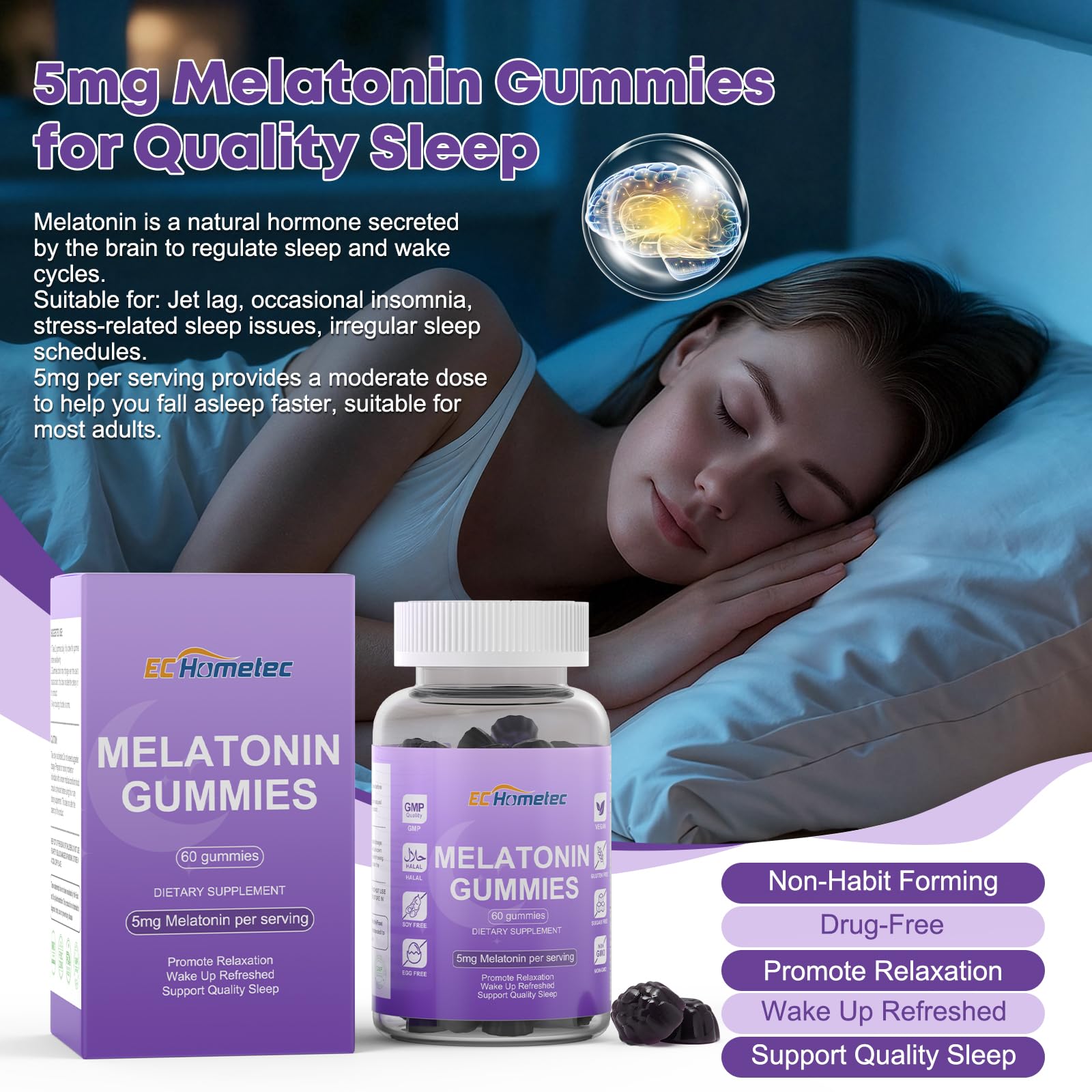 EC Hometec Melatonin Gummies 5mg nutritional information on back