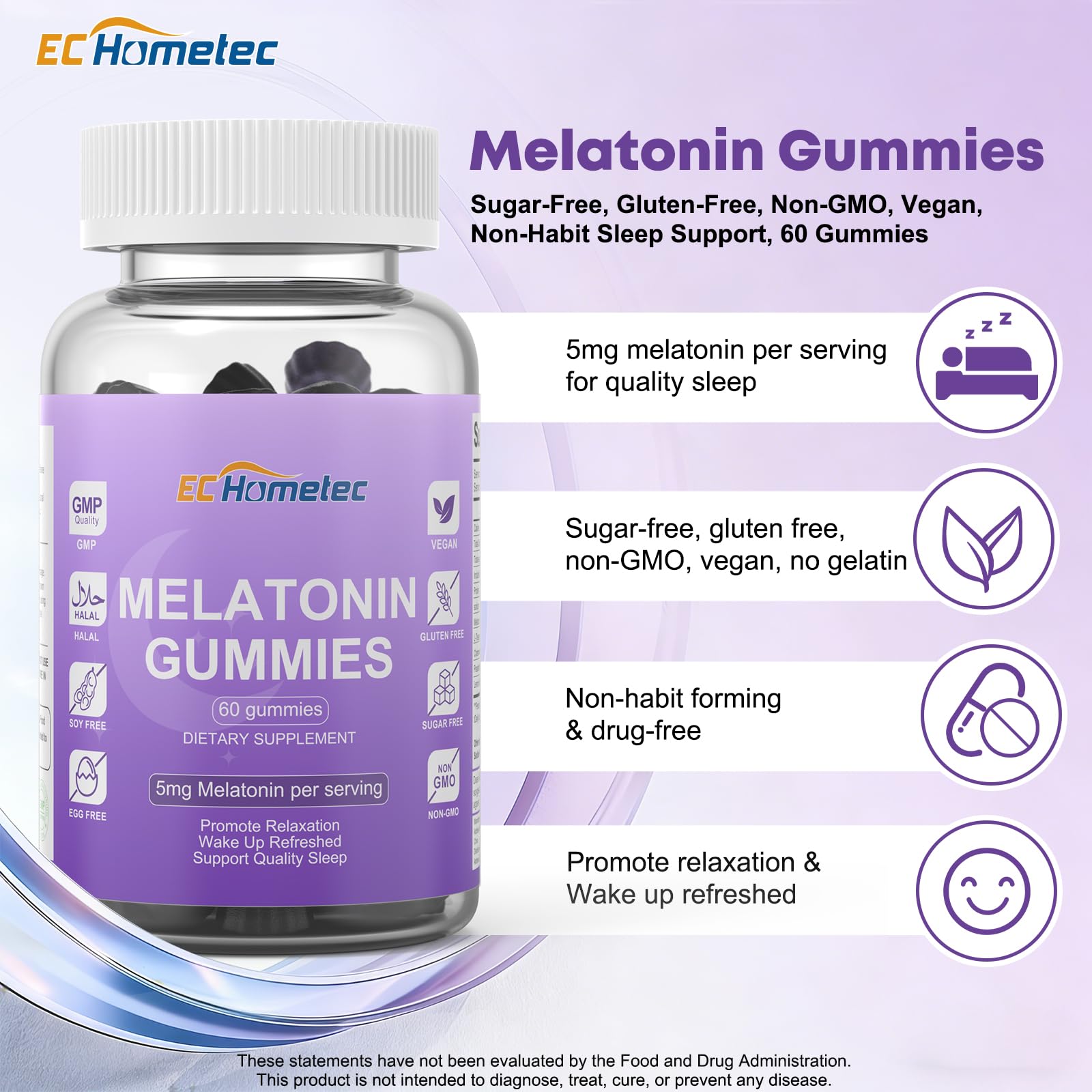 EC Hometec Melatonin Gummies 5mg side view showing gummies