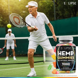 Eclipse Hemp Omega 3-6-9 Gummies in a bowl with tropical background