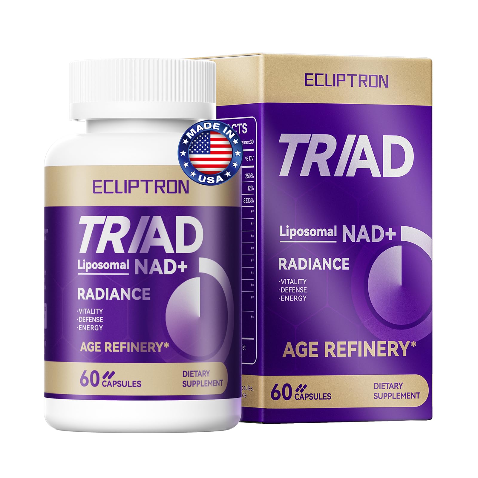 Ecliptron NAD+ supplement bottle front view with 60 capsules