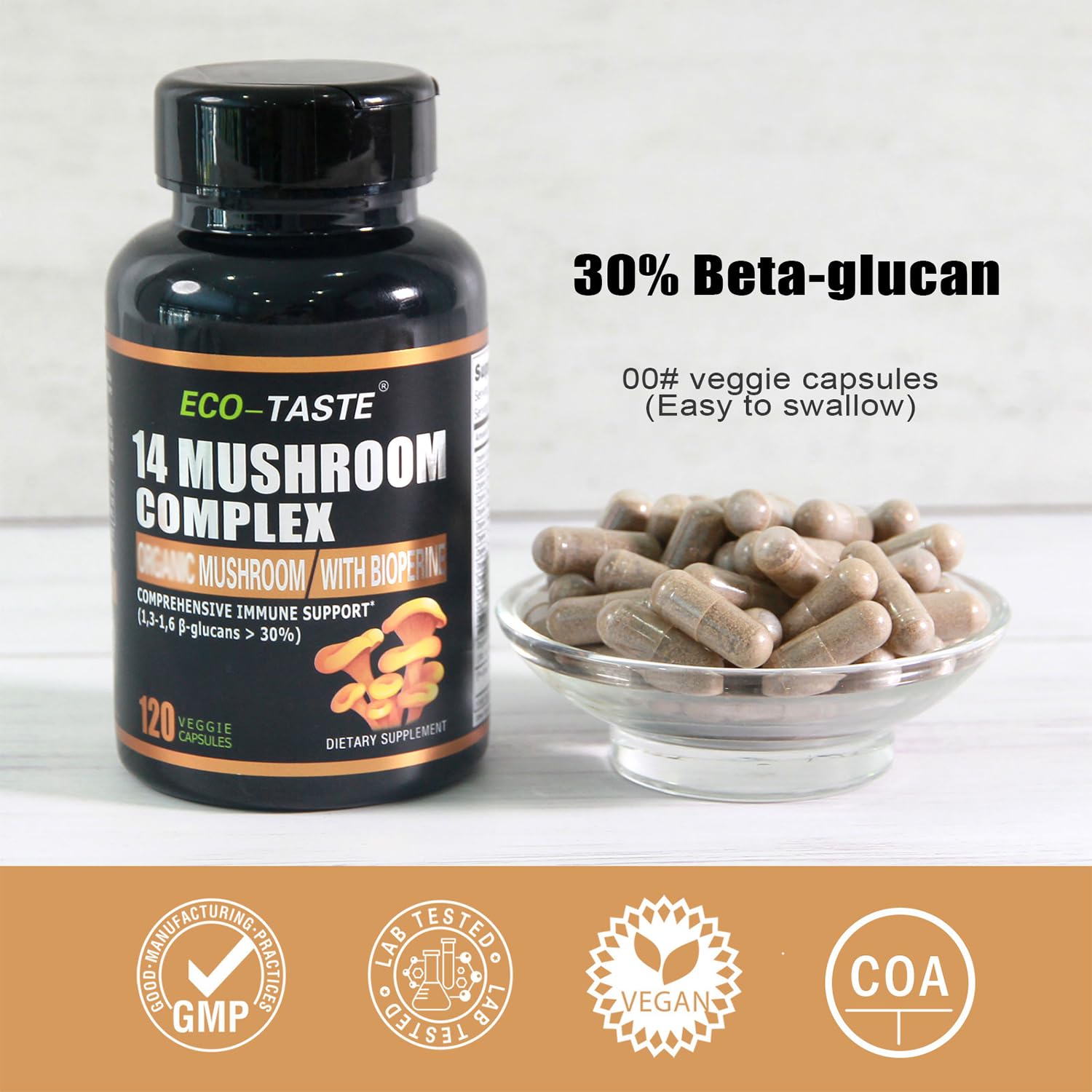 ECO-TASTE Mushroom Capsules back view with dosage information