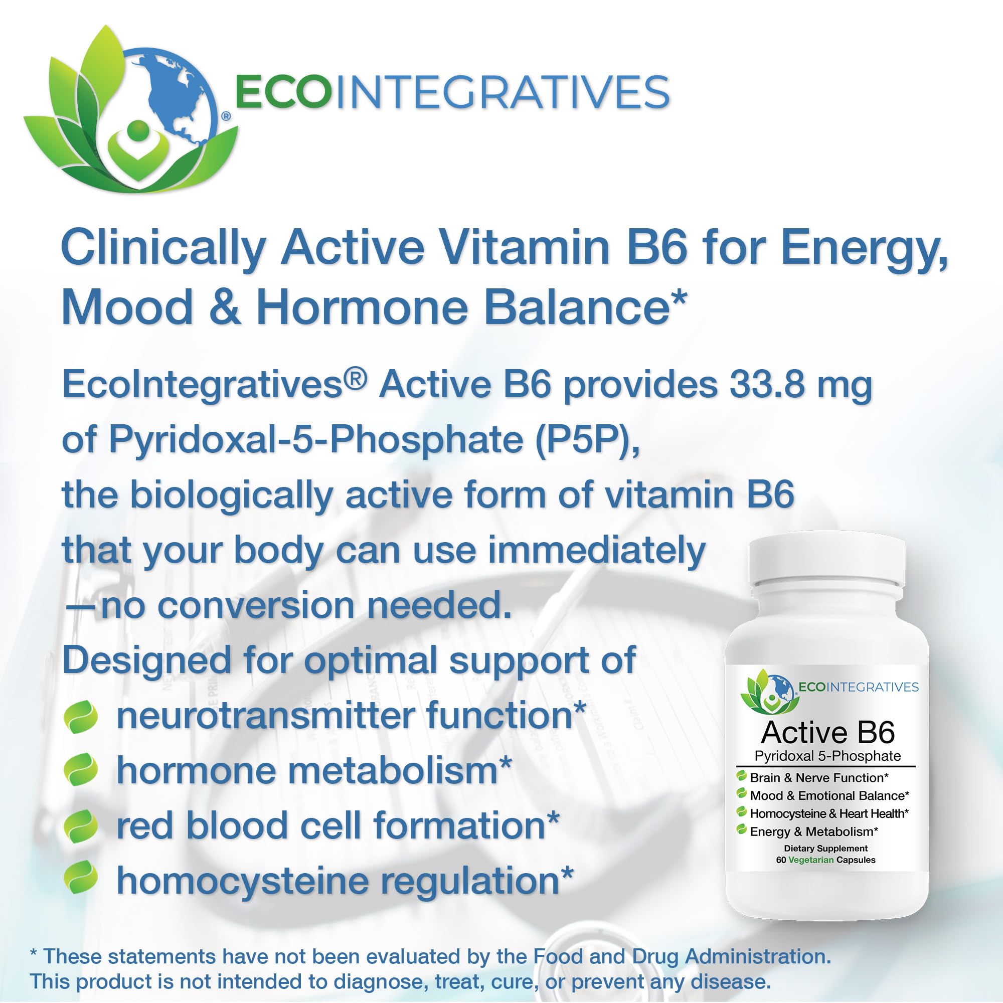 EcoIntegratives B6 (Pyridoxal Phosphate) 33.8mg 90 Capsules side view