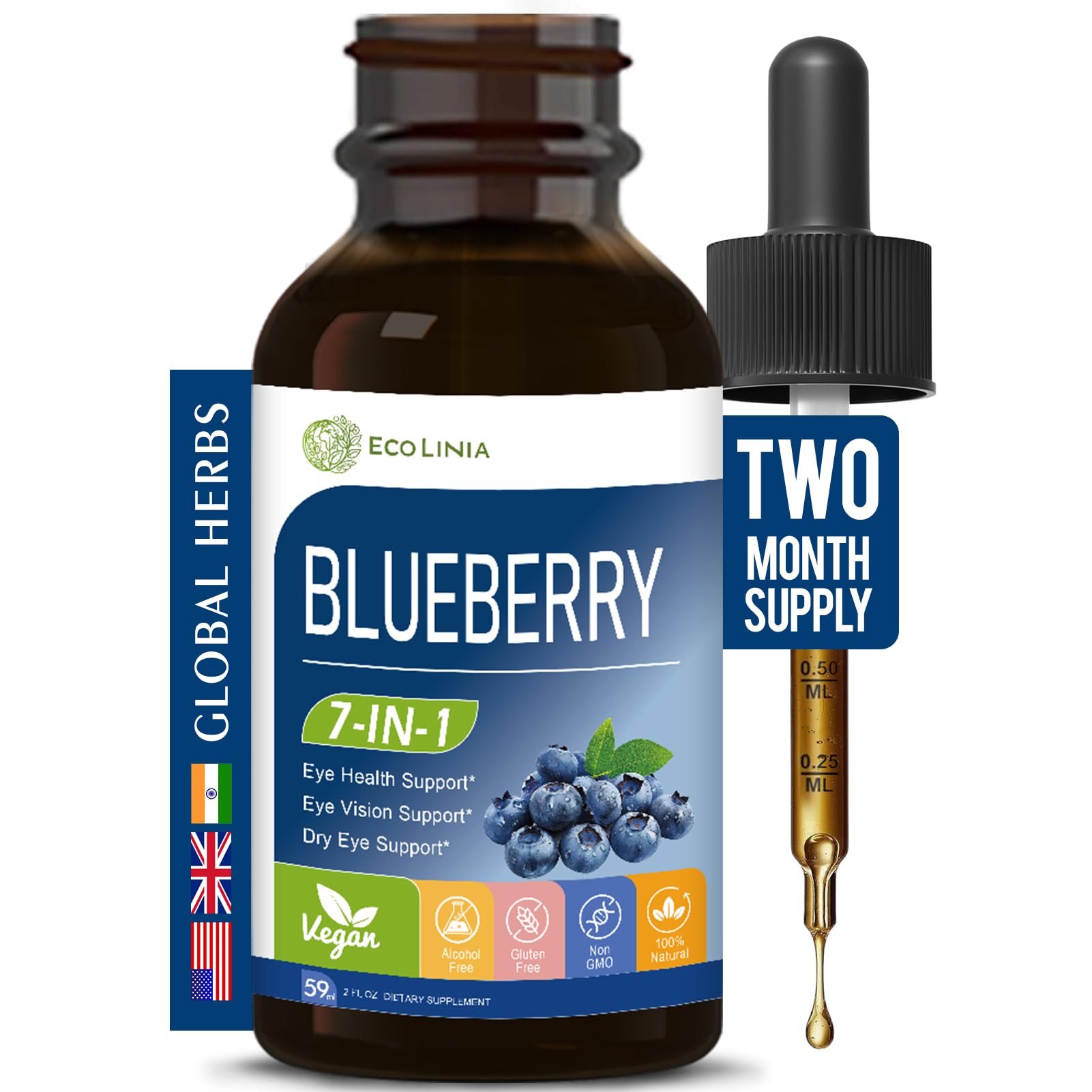 ECOLINIA Blueberry Herbal Drops 30ml front view