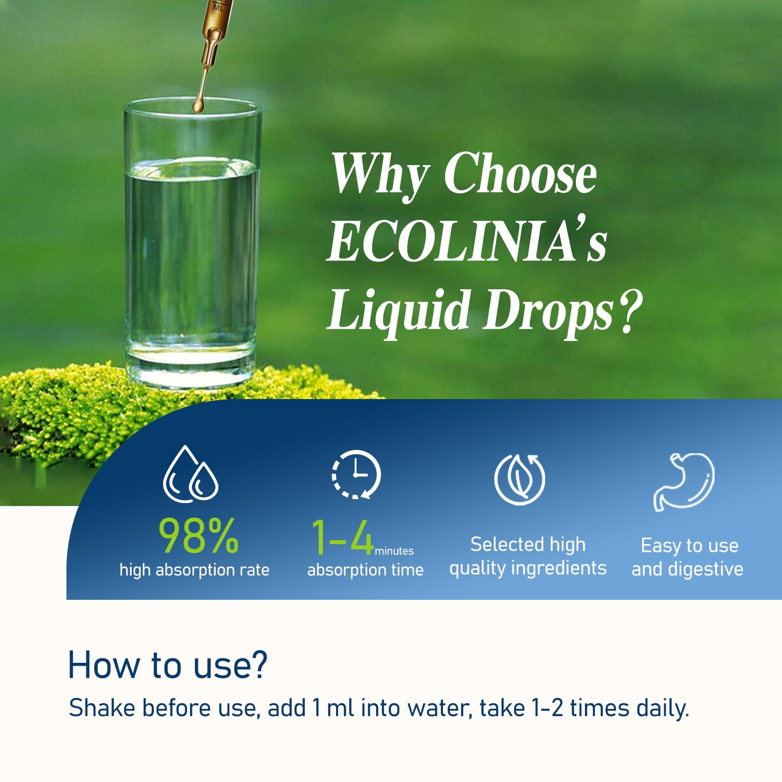 ECOLINIA Blueberry Herbal Drops 30ml with glass of water