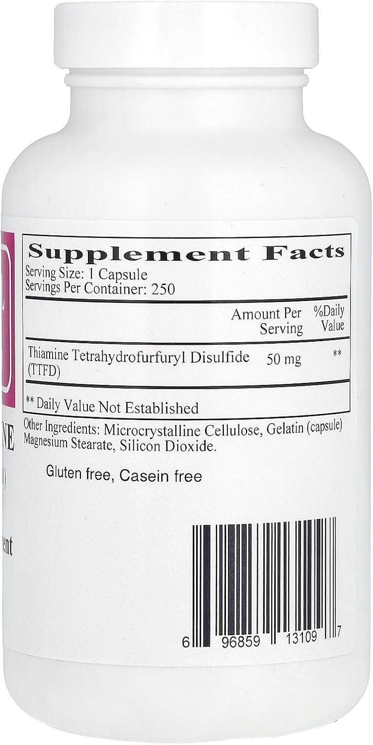 Ecological Formulas Allithiamine 50 mg 250 capsules side view with label