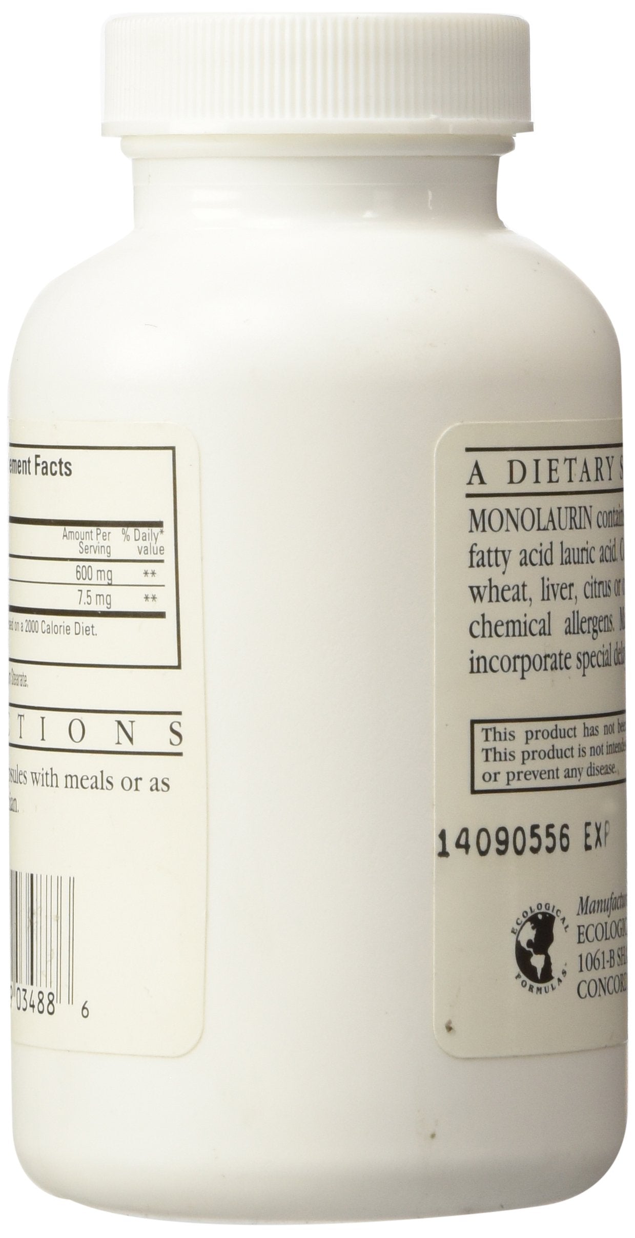 Ecological Formulas Monolaurin 600mg capsules close-up of label