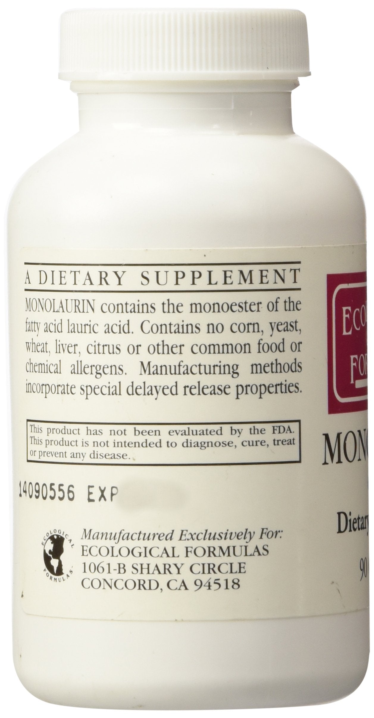 Ecological Formulas Monolaurin 600mg capsules on a wooden table