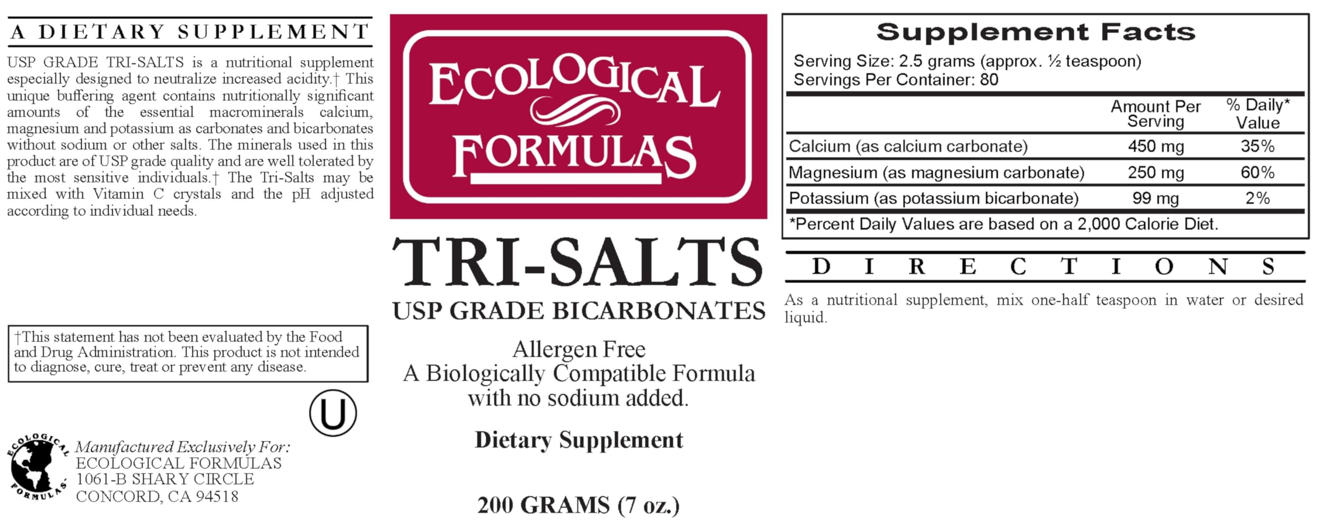 Ecological Formulas Tri-Salts 397g side view with ingredients