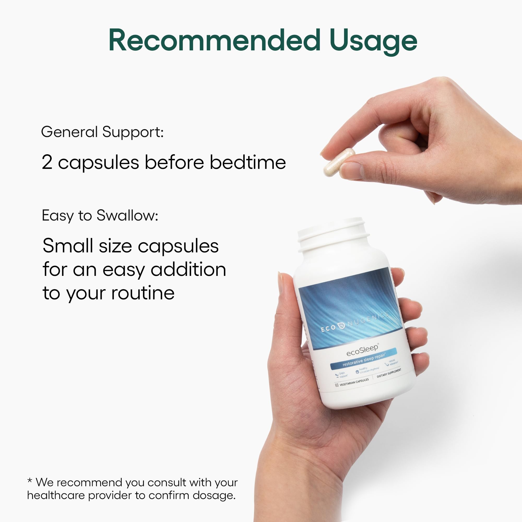 EcoNugenics ecoSleep Sleep Aid 60 Capsules with a glass of water