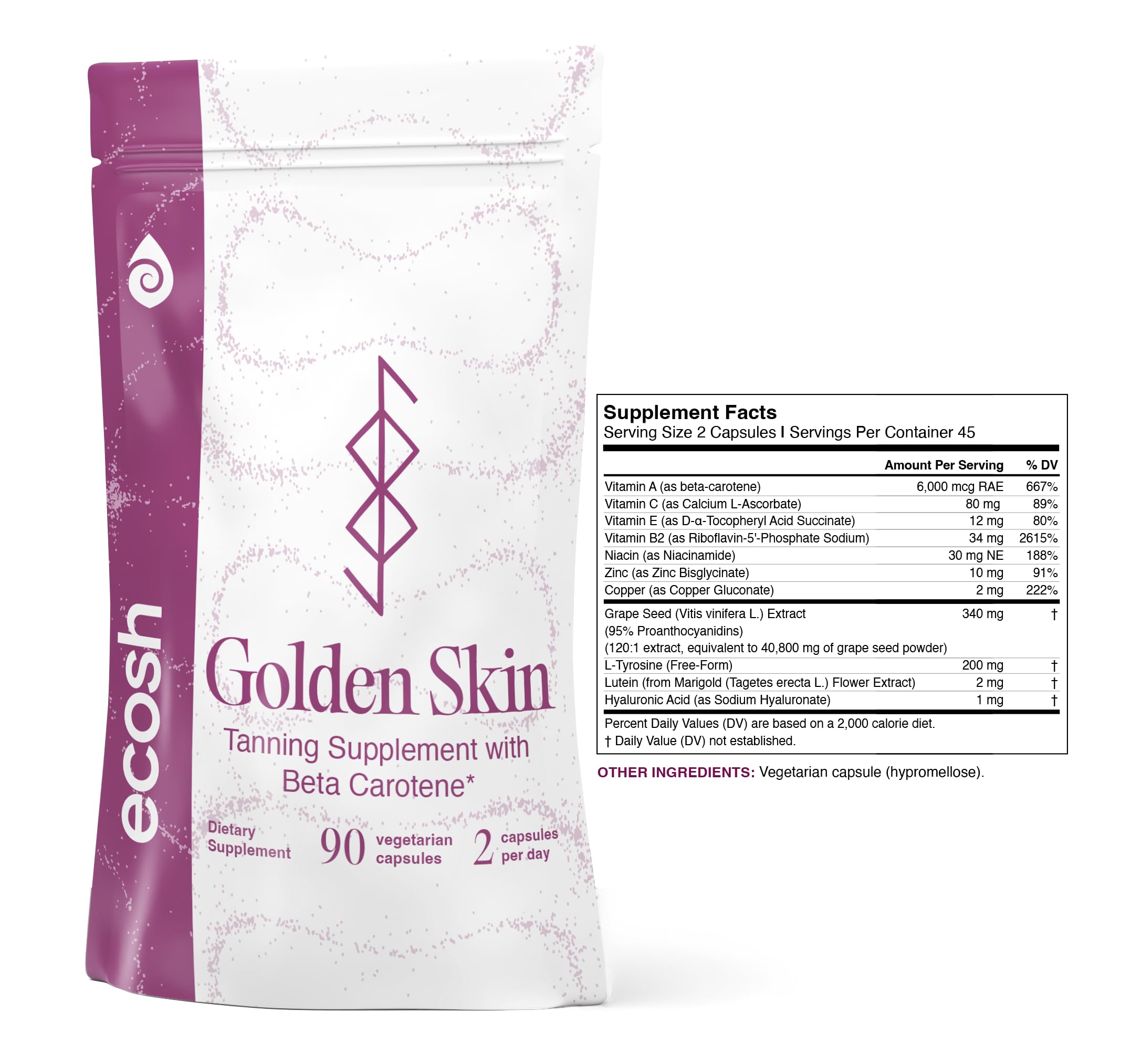 Ecosh Golden Skin Beta Carotene Supplement bottle on a table
