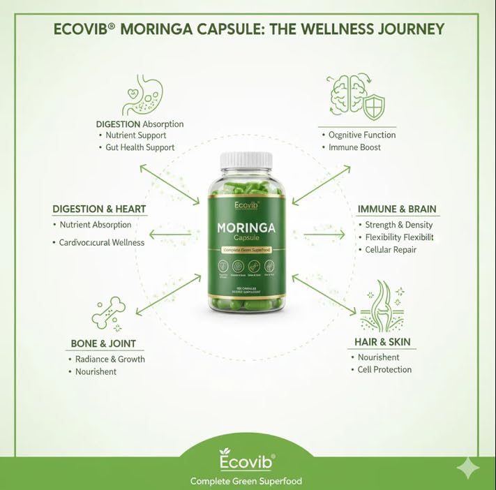 ECOVIB Organic Moringa Leaf Powder Capsules on a wooden table