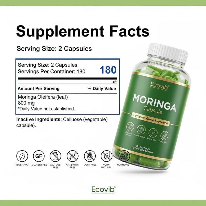 ECOVIB Organic Moringa Leaf Powder Capsules packaging