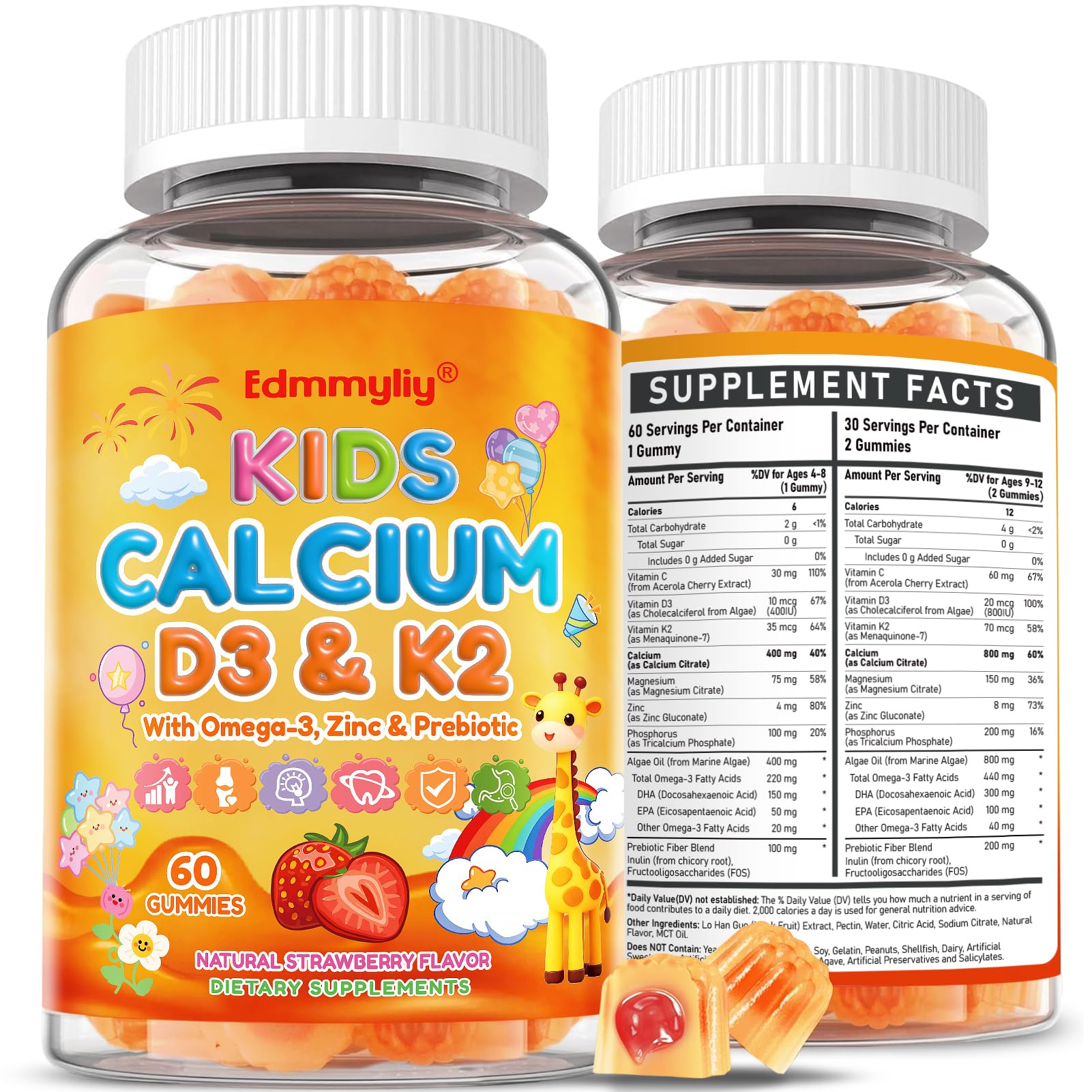 Edmmyliy Kids Calcium Gummies bottle front view with strawberry flavour
