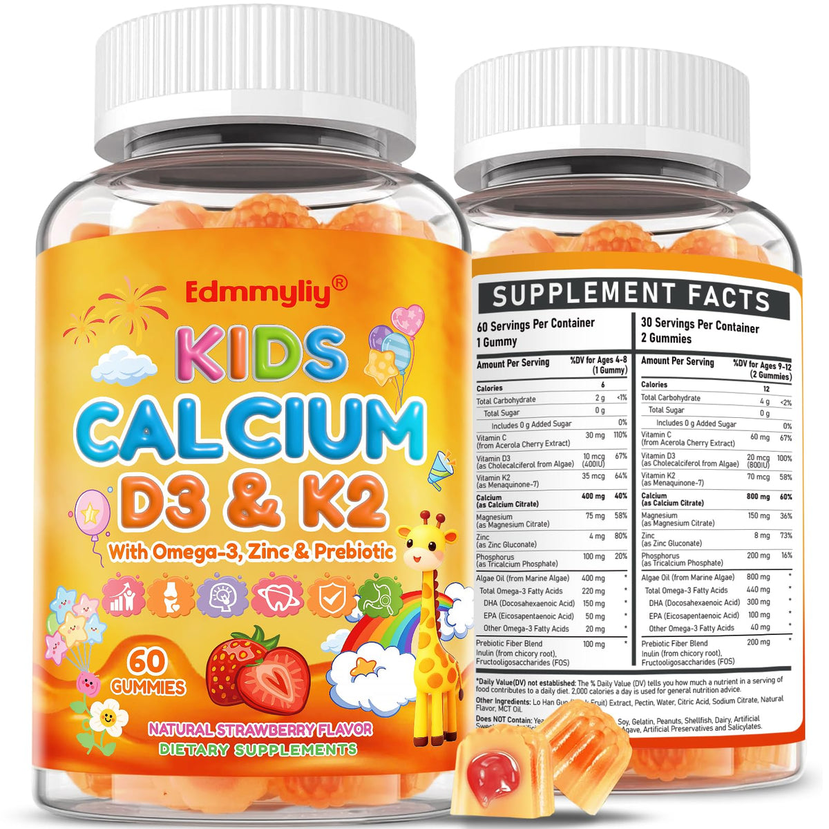 Edmmyliy Kids Calcium Gummies bottle front view with strawberry flavour