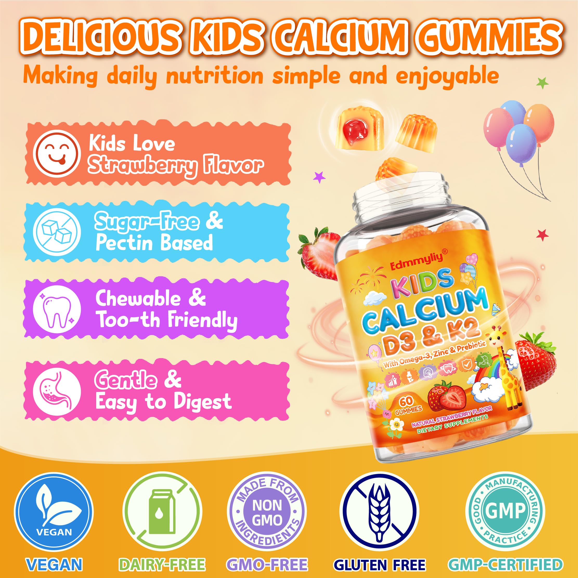 Edmmyliy Kids Calcium Gummies displayed with children's toys