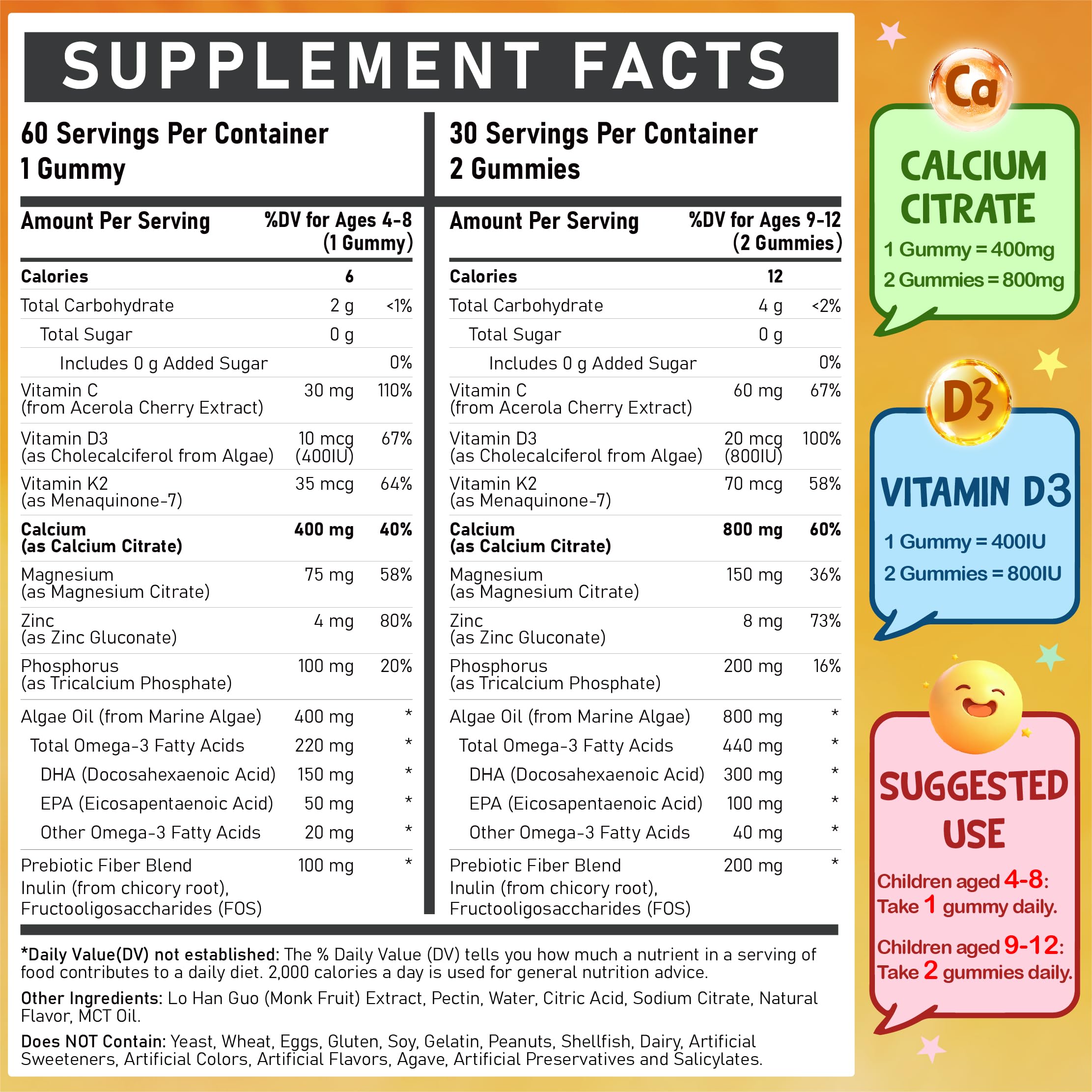 Edmmyliy Kids Calcium Gummies nutritional information label