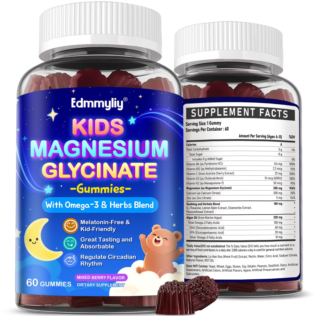 Edmmyliy Kids Magnesium Gummies bottle front view with berry flavour