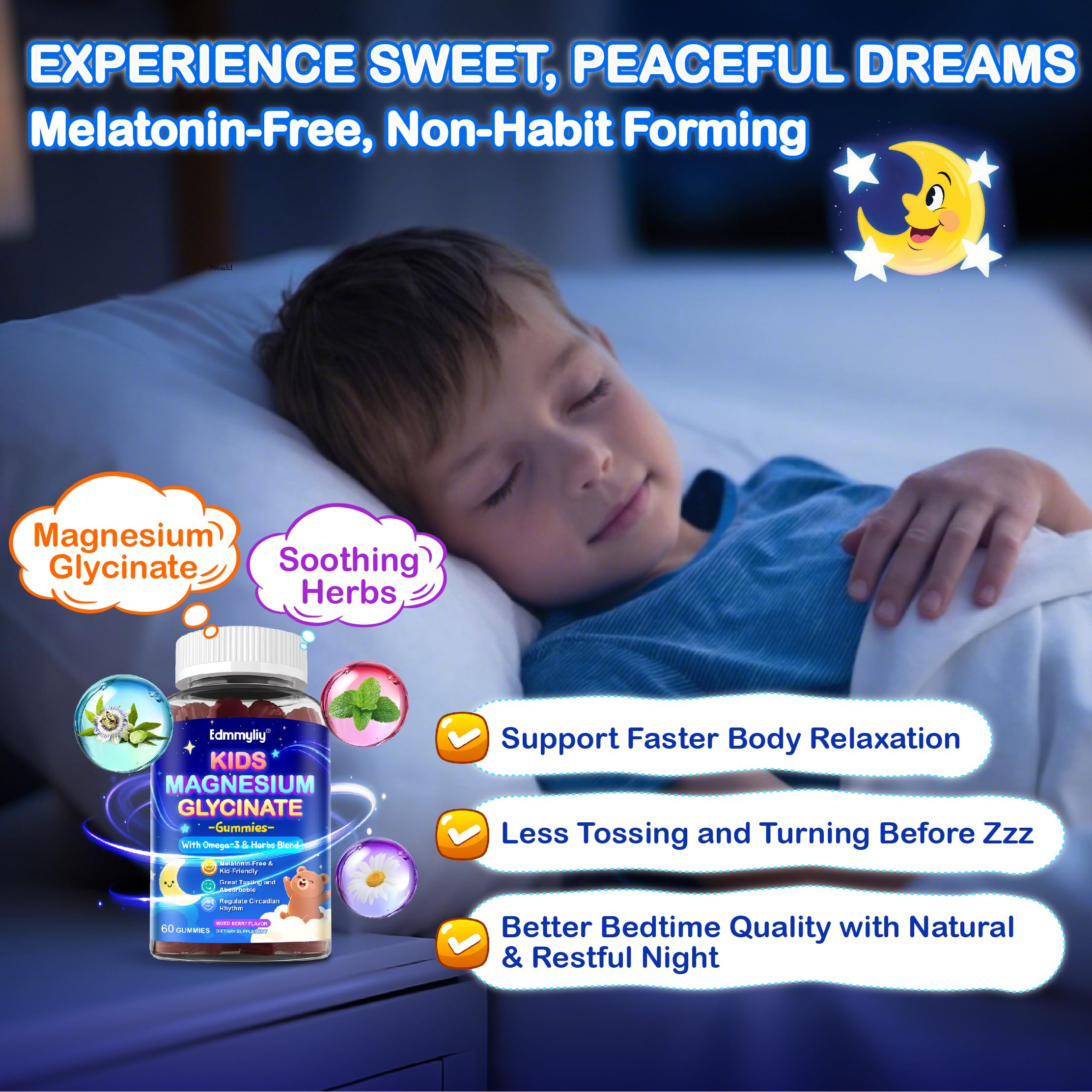 Edmmyliy Kids Magnesium Gummies with a child holding a gummy