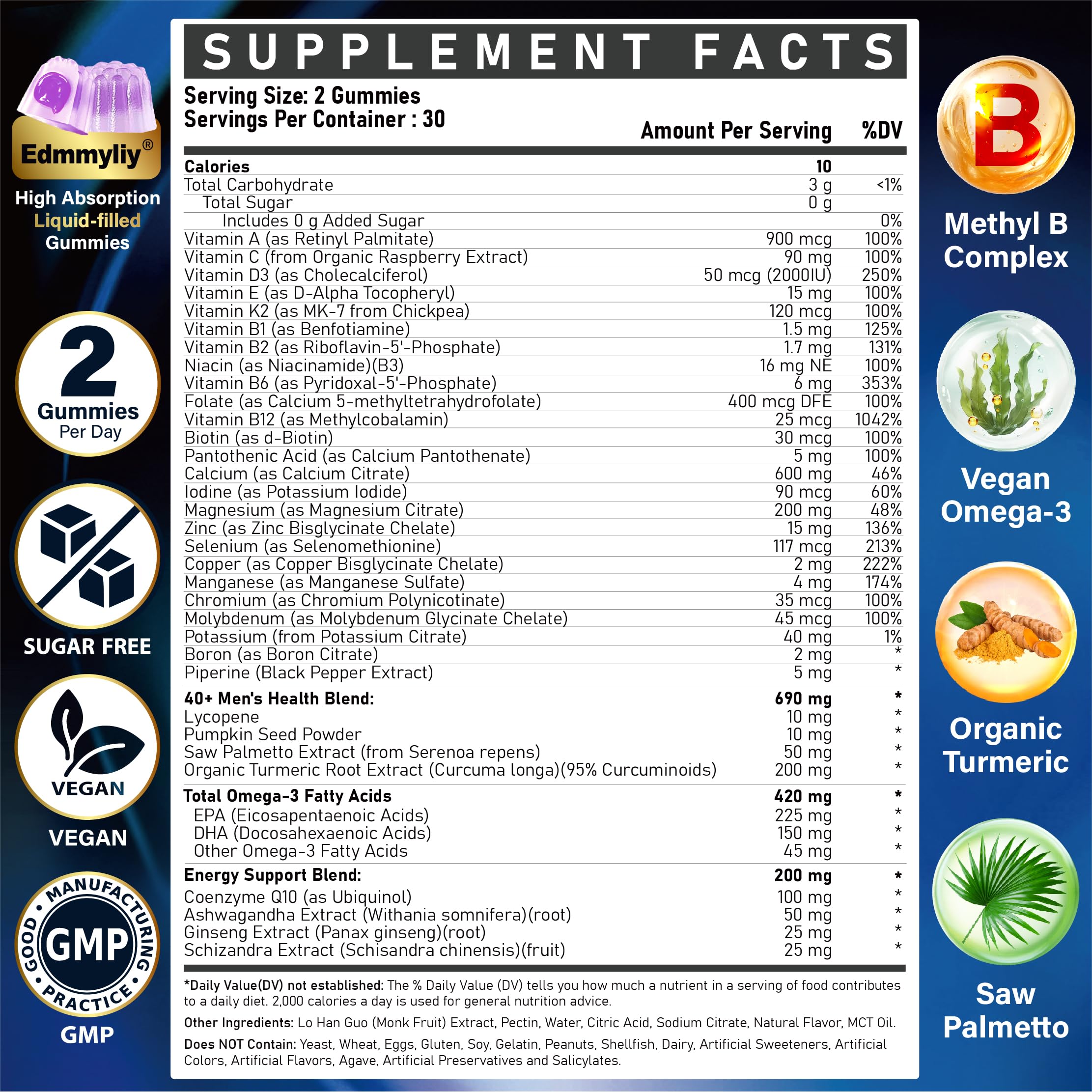 Edmmyliy Men's Multivitamins 40+ Gummies side view showing nutritional information