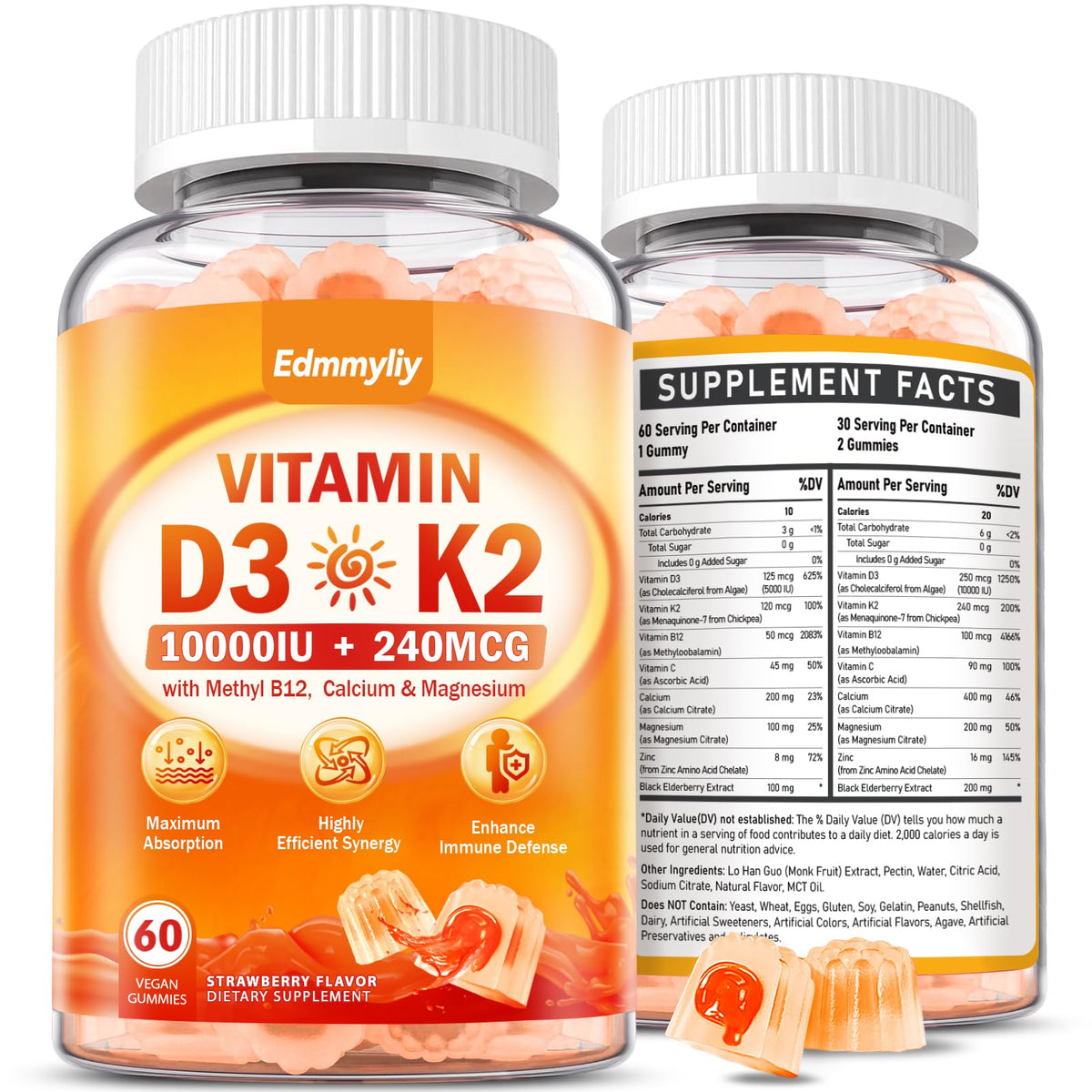 Edmmyliy Vitamin D3 K2 Gummies front view with packaging