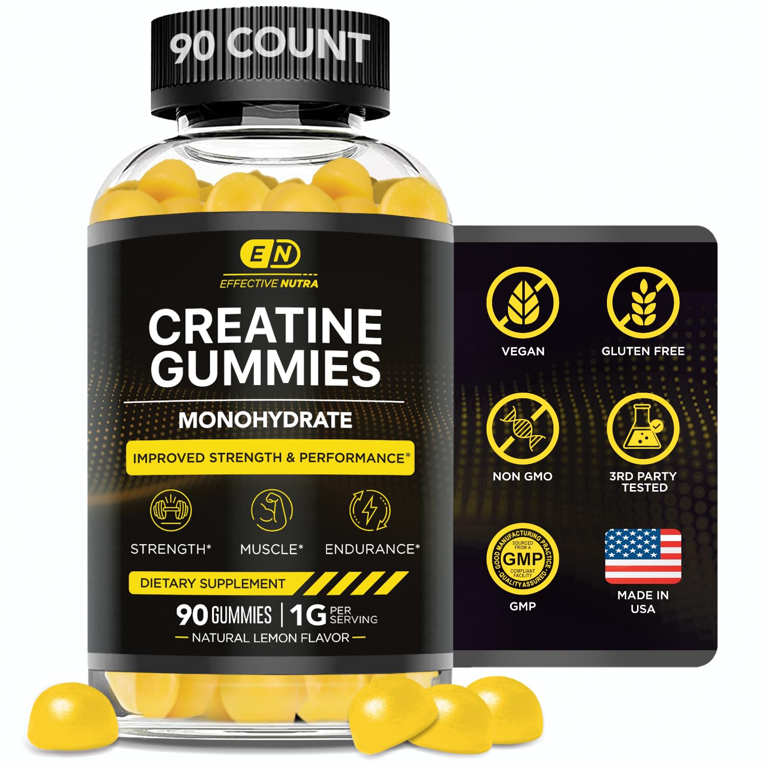 Effective Nutra Creatine Gummies bottle front view with natural lemon flavour