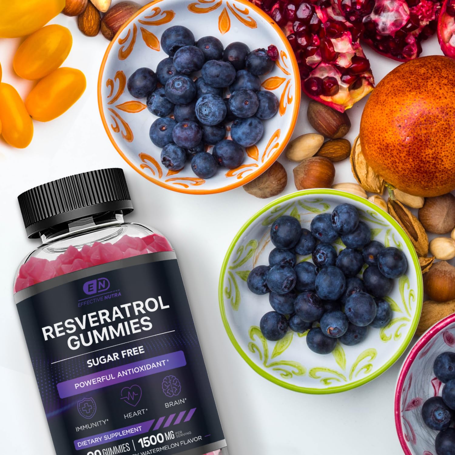 Effective Nutra Resveratrol Gummies displayed with fresh fruits