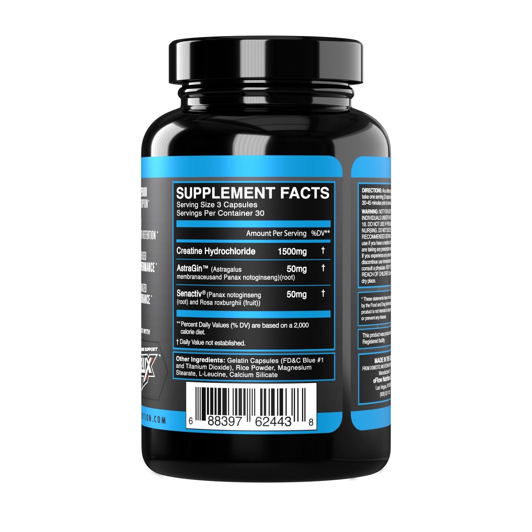 eFlow Nutrition Creatine Capsules lifestyle scene with gym equipment