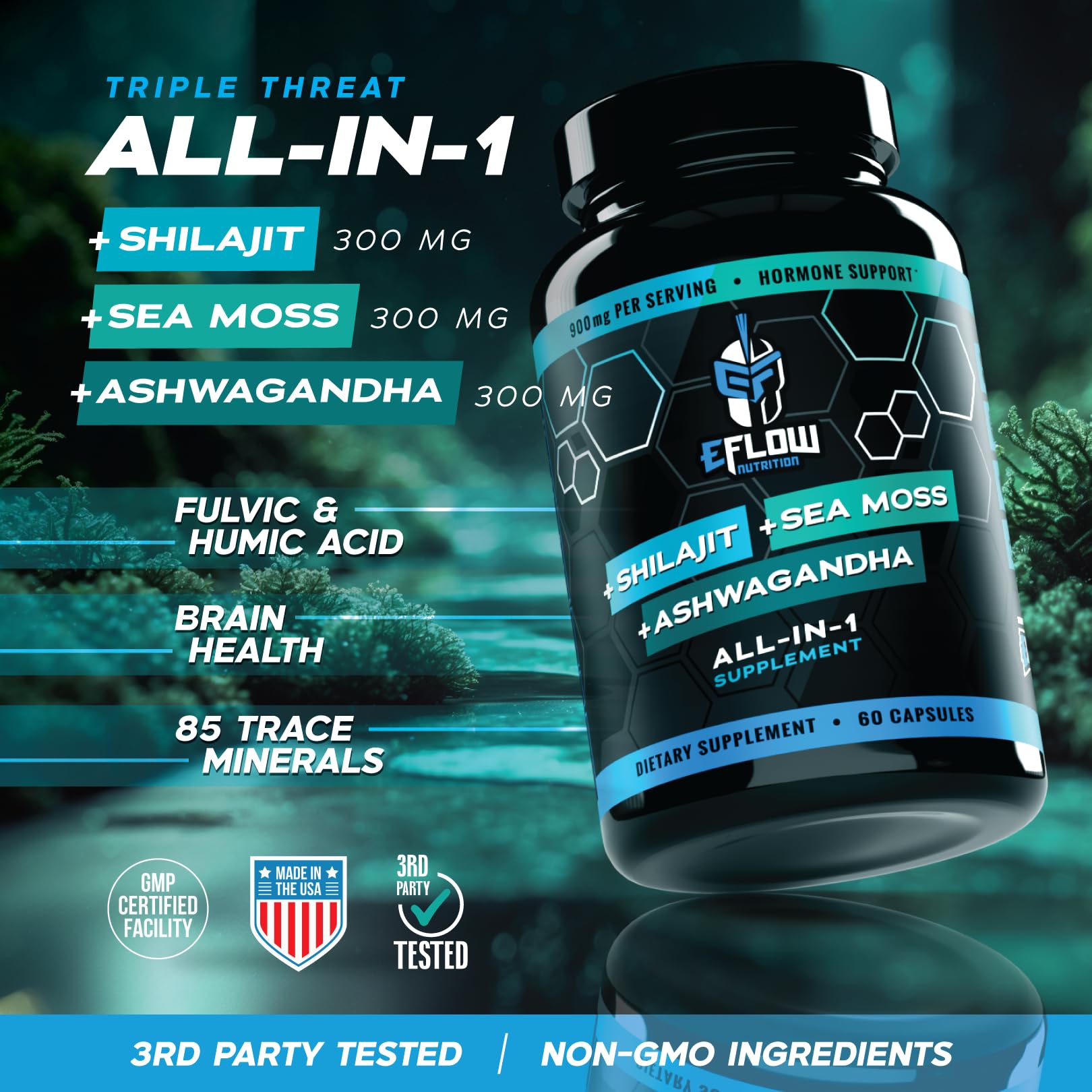 eFlow Nutrition Shilajit Ashwagandha Sea Moss Capsules on a table