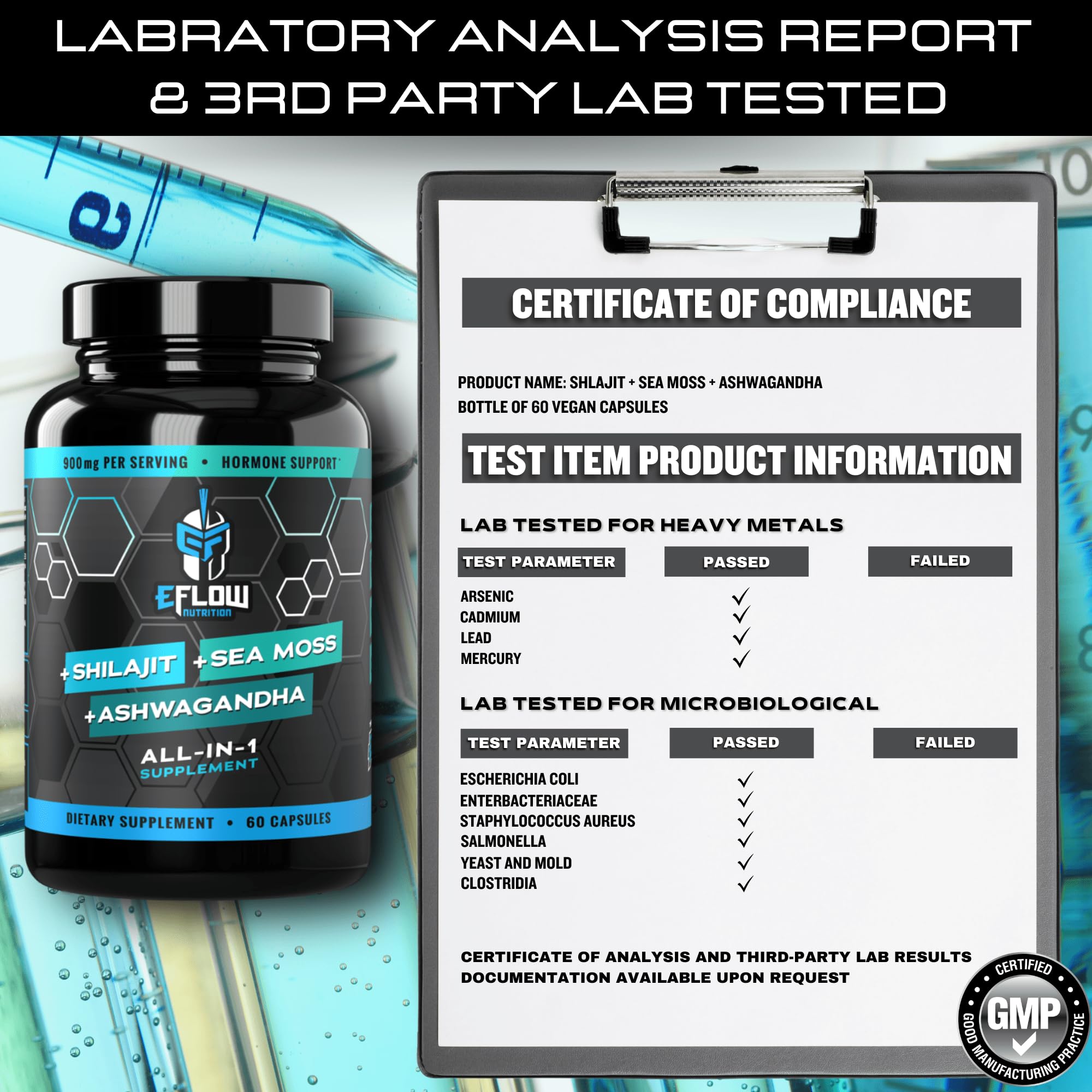 eFlow Nutrition Shilajit Ashwagandha Sea Moss Capsules with a measuring spoon