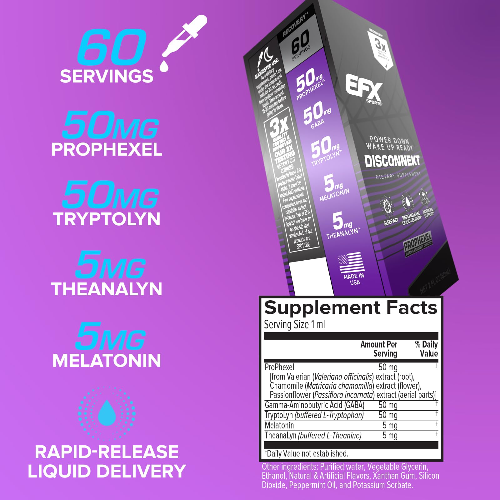 EFX Sports Disconnekt Liquid Sleep Formula bottle with liquid inside
