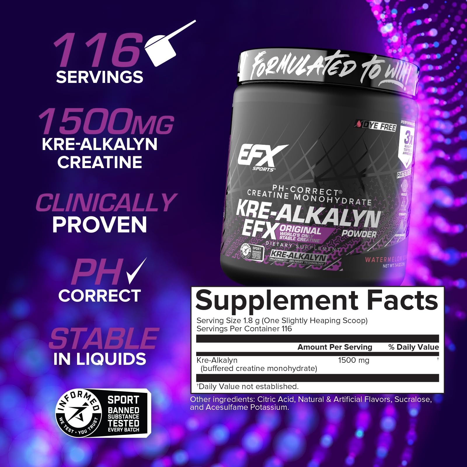 EFX Sports Kre Alkalyn EFX Creatine 210g scoop and powder