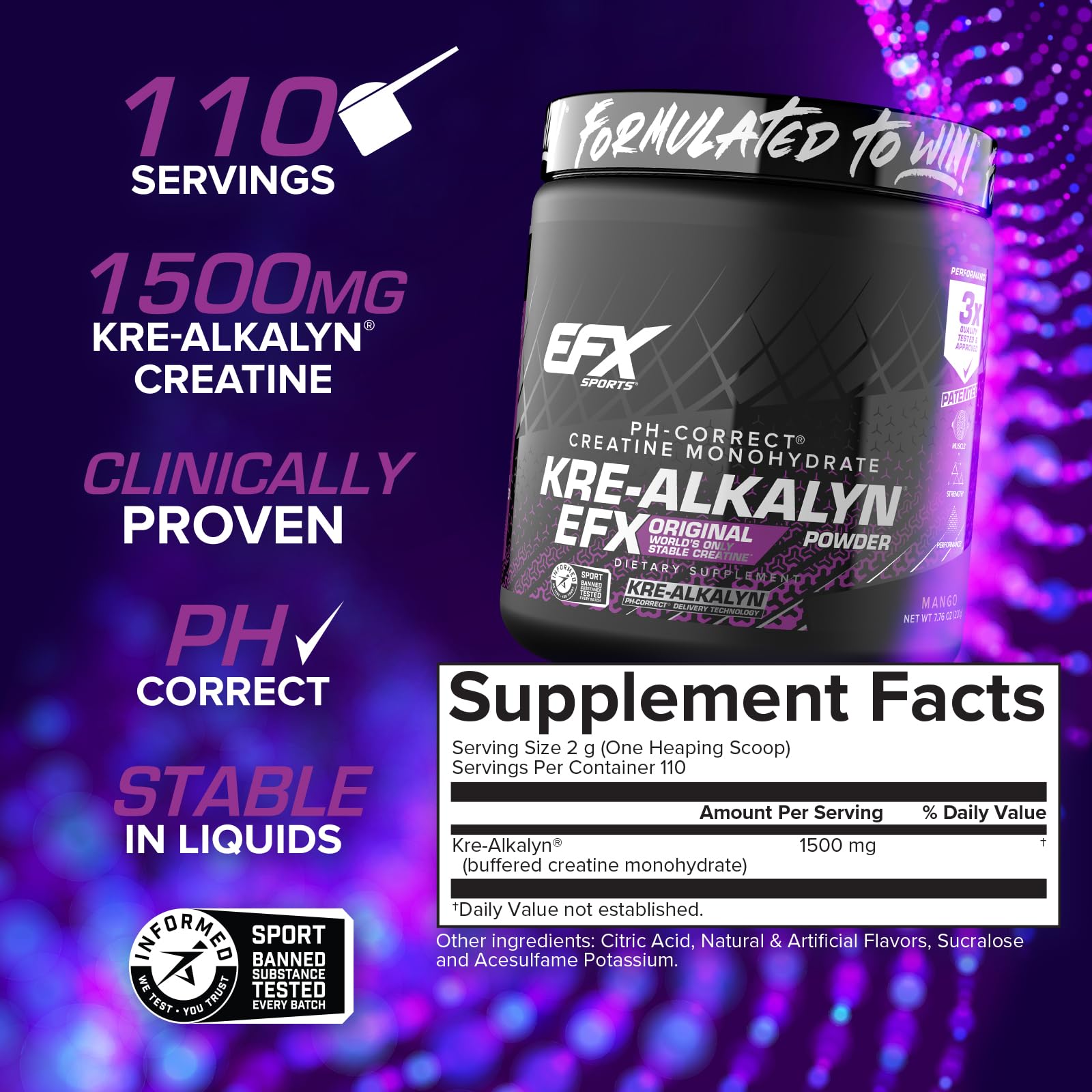 EFX Sports Kre Alkalyn EFX Creatine 280g back view
