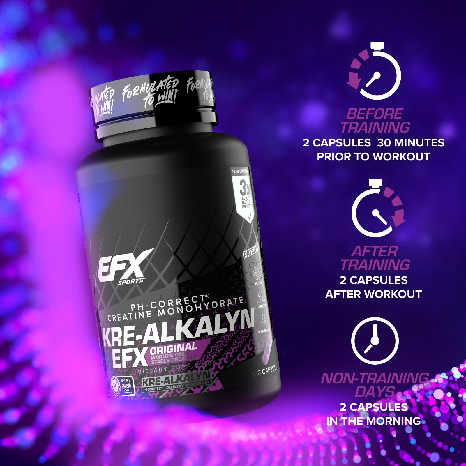 EFX Sports Kre Alkalyn EFX Creatine Capsules with gym equipment