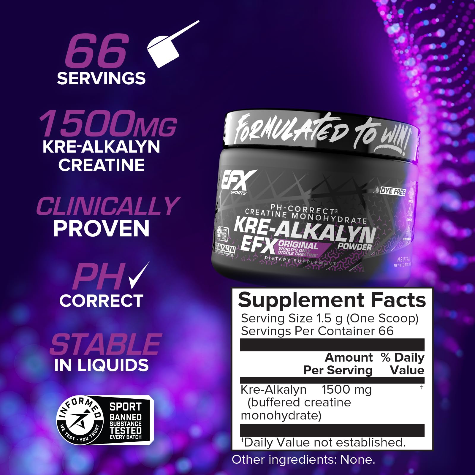 EFX Sports Kre Alkalyn EFX Creatine Powder scoop next to container