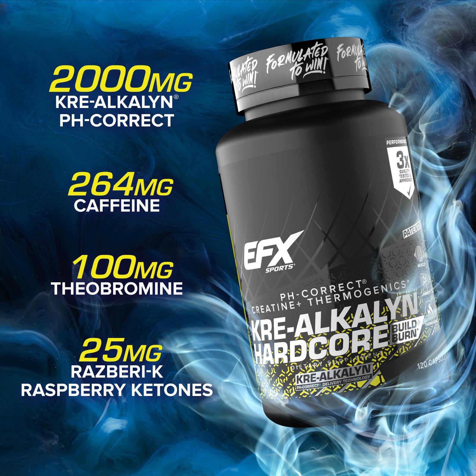 EFX Sports Kre Alkalyn Hardcore Creatine 100g capsules on a workout bench