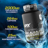 EFX Sports Kre Alkalyn Hardcore Creatine 100g capsules on a workout bench