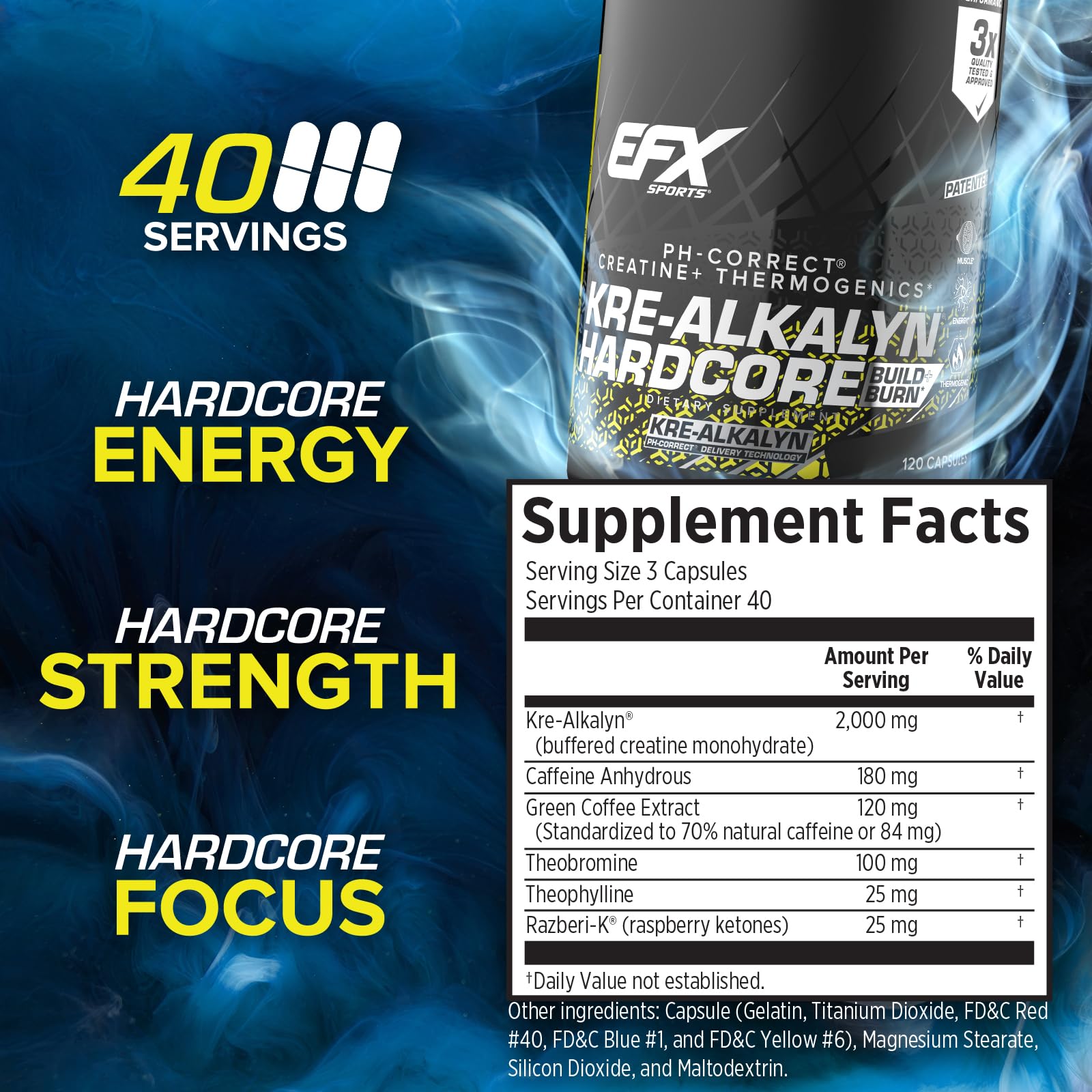 EFX Sports Kre Alkalyn Hardcore Creatine 100g capsules with dosage details