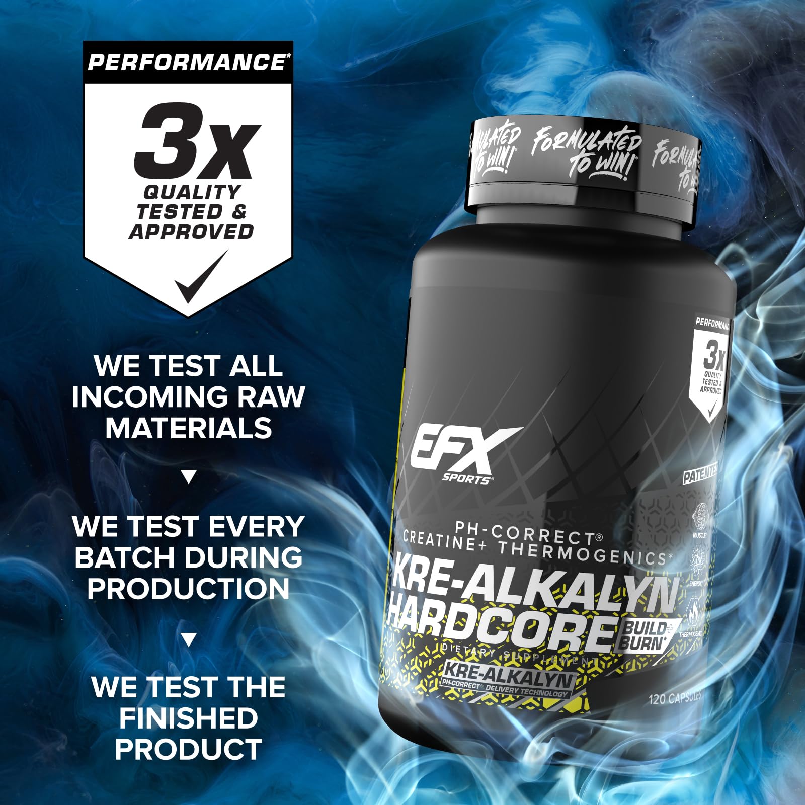 EFX Sports Kre Alkalyn Hardcore Creatine 100g capsules with nutritional information