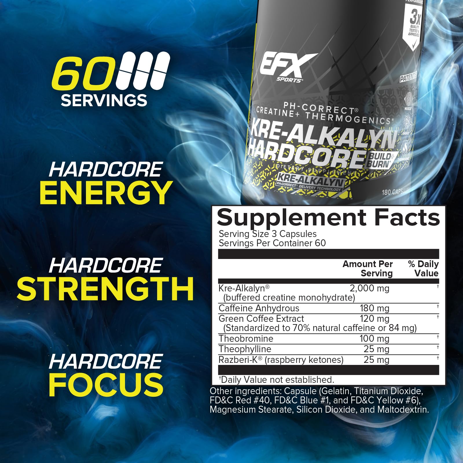 EFX Sports Kre Alkalyn Hardcore Creatine 204g nutrition label