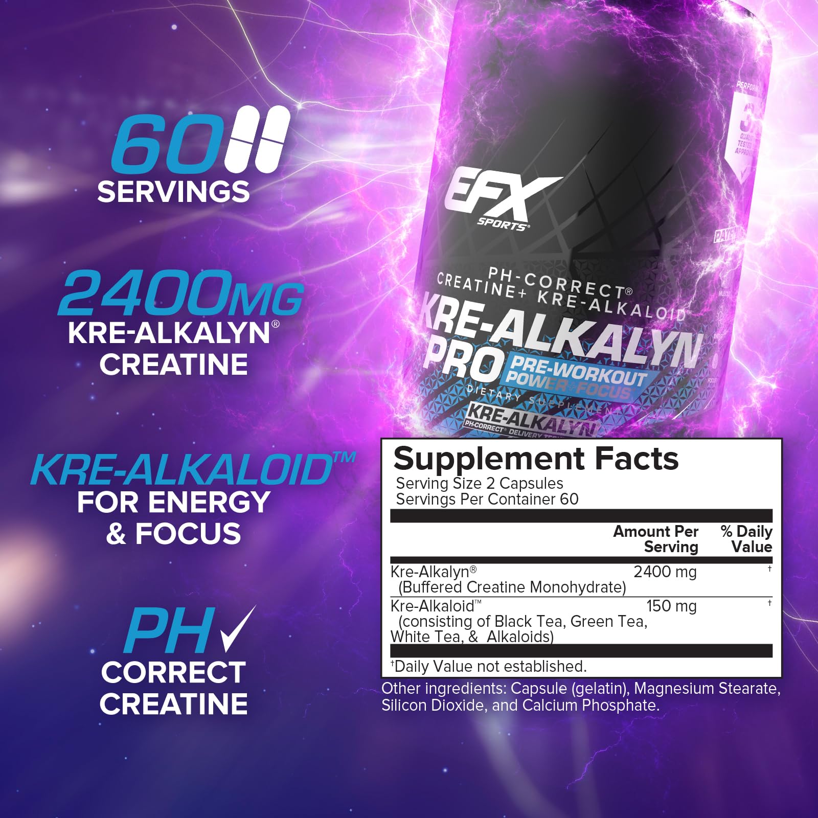 EFX Sports Kre Alkalyn Pro Creatine Capsules bottle with label