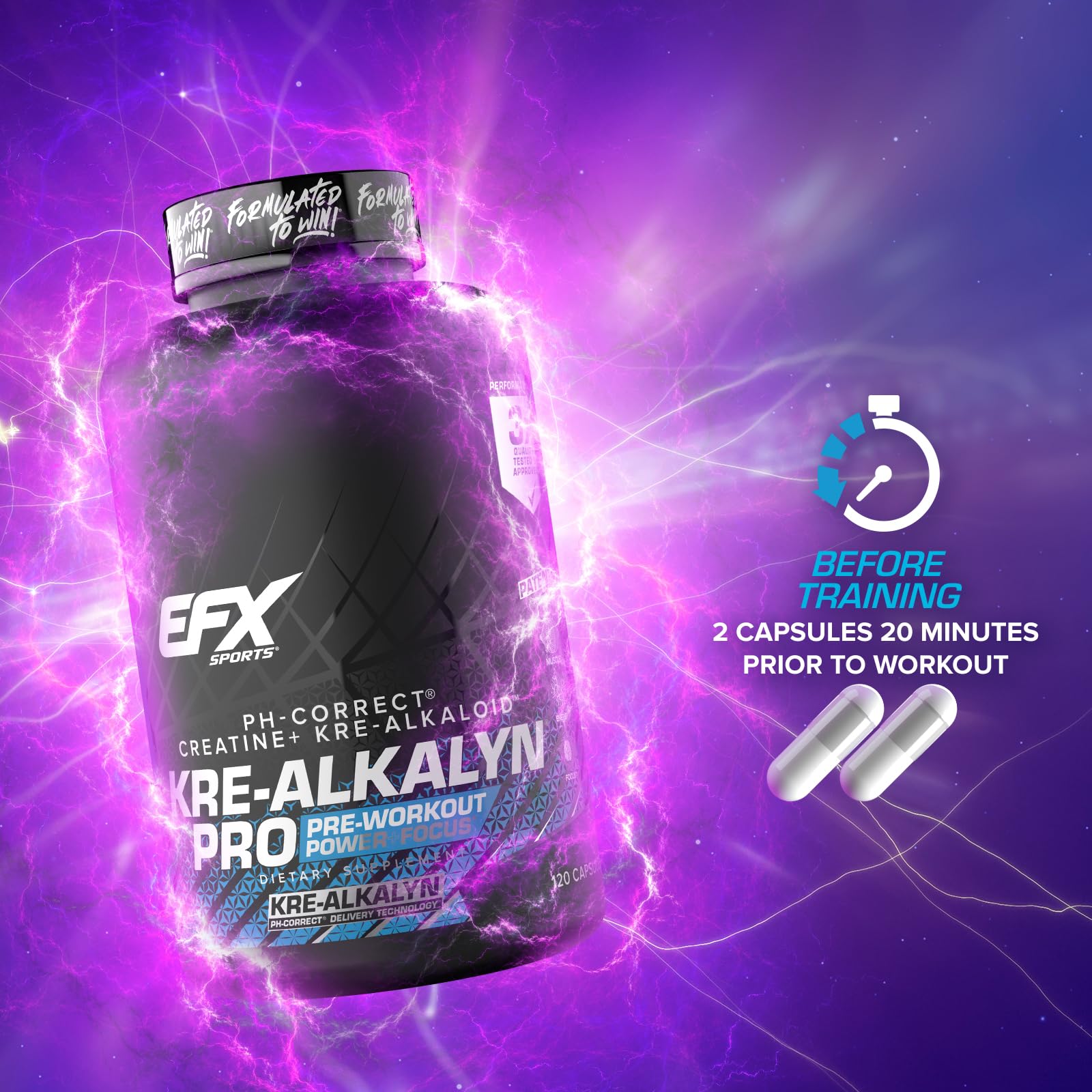 EFX Sports Kre Alkalyn Pro Creatine Capsules in gym bag