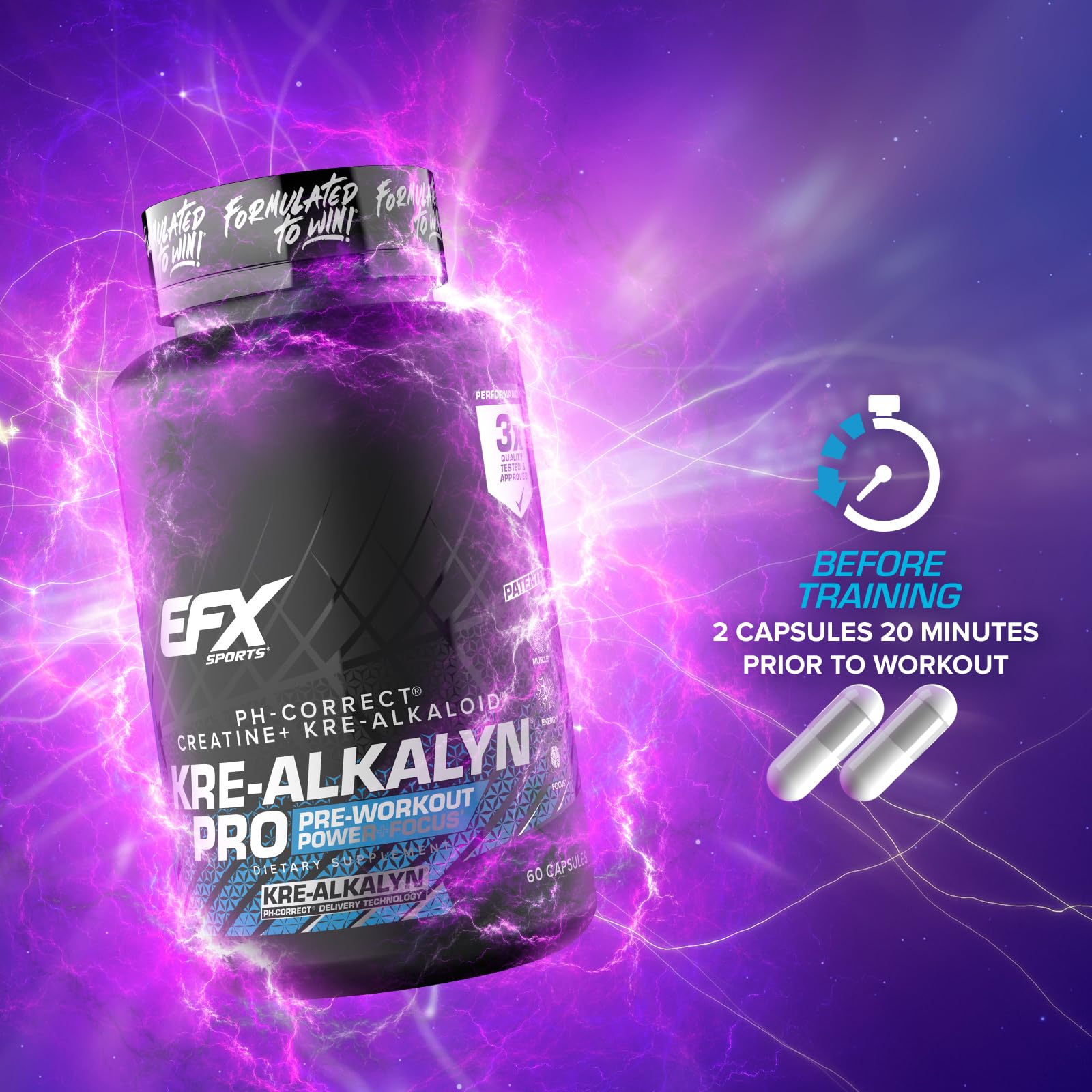 EFX Sports Kre Alkalyn Pro Creatine Capsules on a gym bench