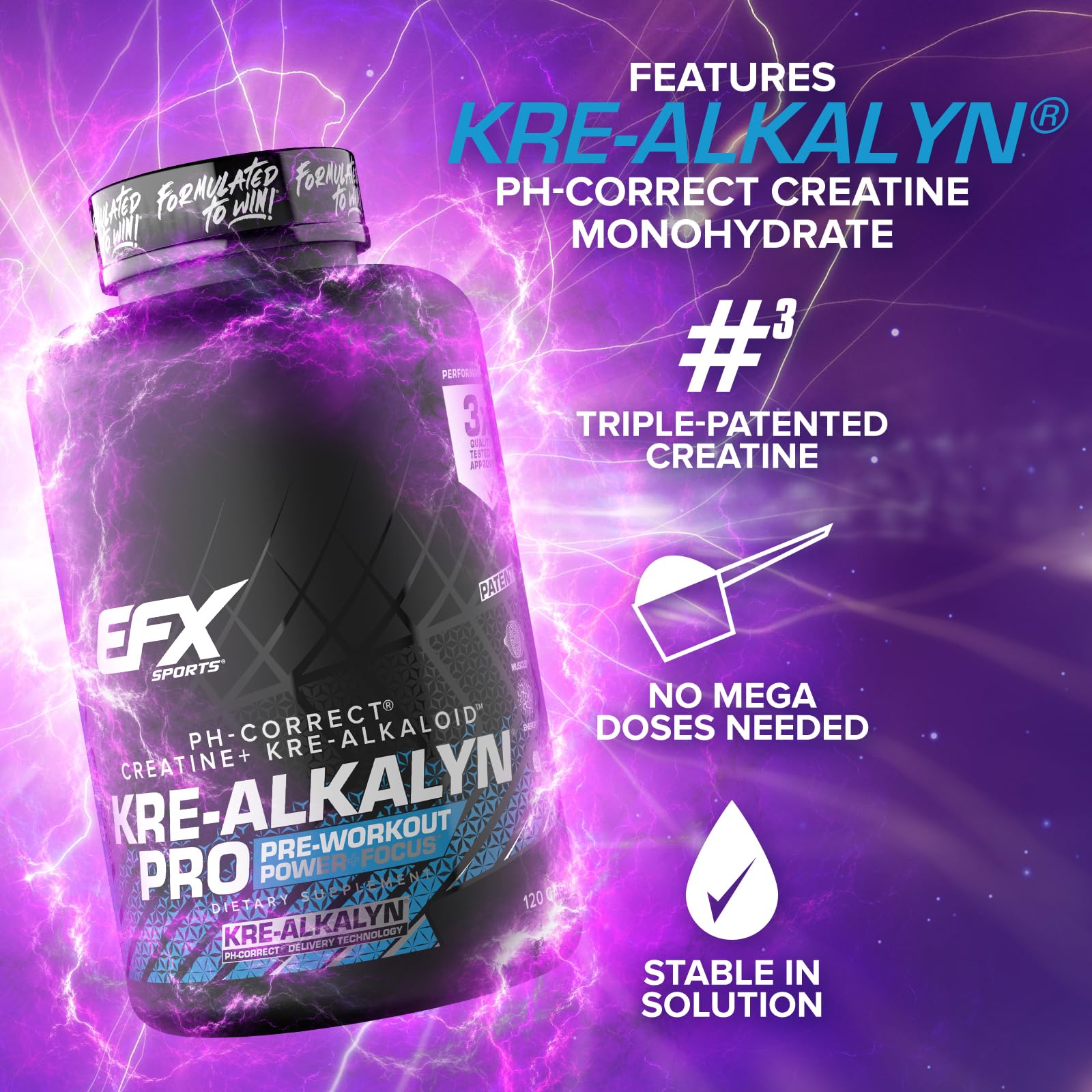 EFX Sports Kre Alkalyn Pro Creatine Capsules on gym bench