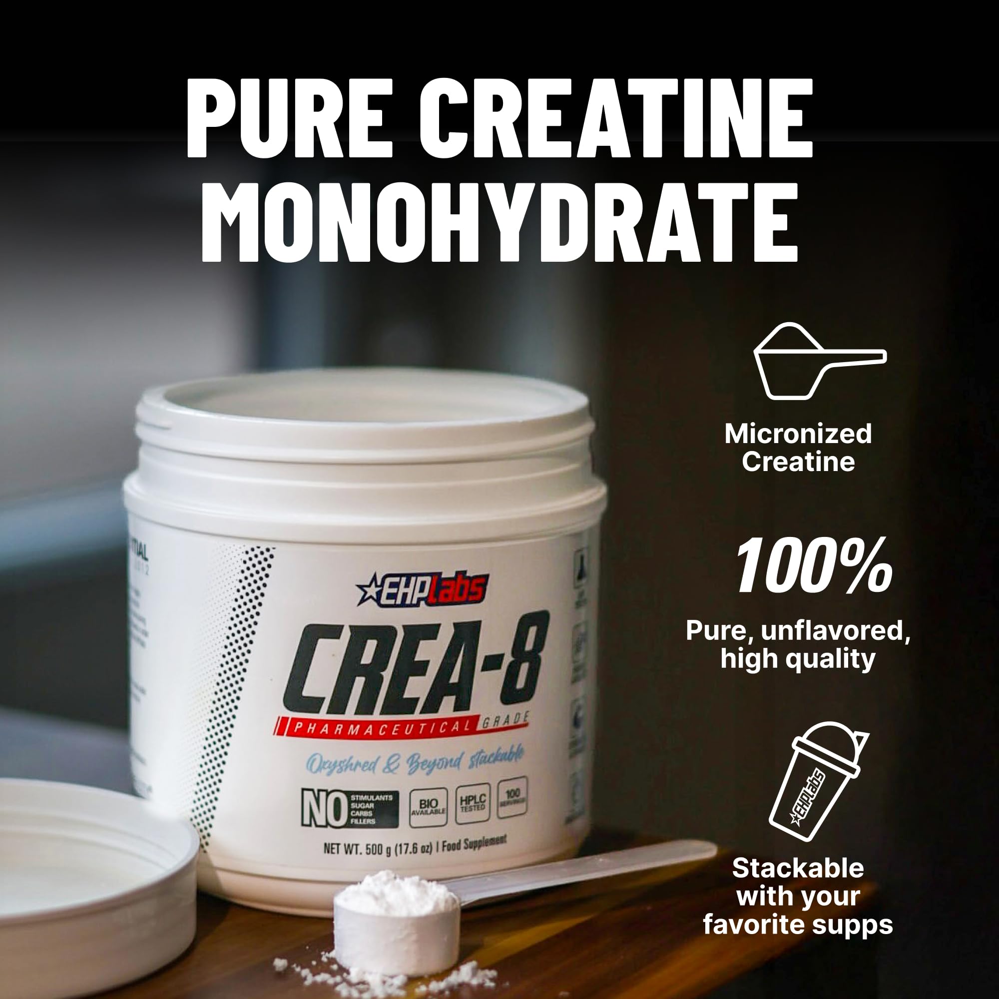 EHP Labs CREA-8 Creatine Monohydrate 500g side view