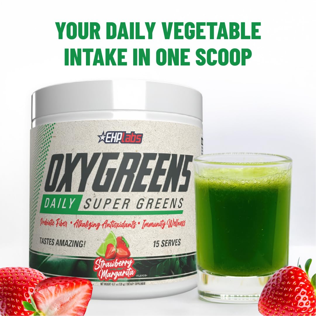EHP Labs OxyGreens Daily Super Greens Powder mixed in a glass